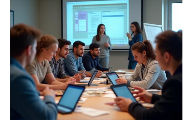 Grupo diverso de personas aprendiendo en un entorno de formación digital, con pantallas y gráficos de datos