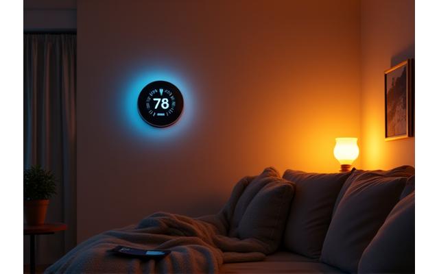 Un hogar inteligente con luces encendidas y un termostato digital, simbolizando el ahorro energético