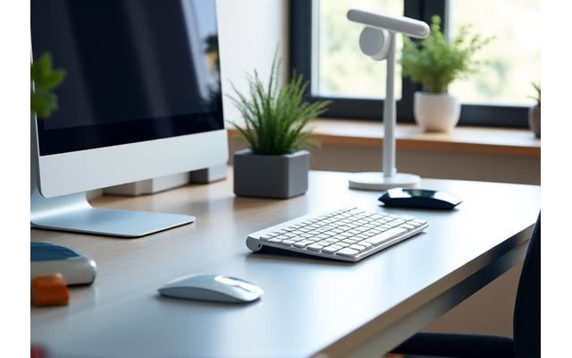Un escritorio moderno con varios gadgets tecnológicos para una oficina en casa organizada