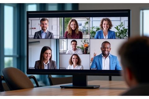 Grupo de personas colaborando en una videollamada grupal en una pantalla grande, Plataformas de Colaboración Online.