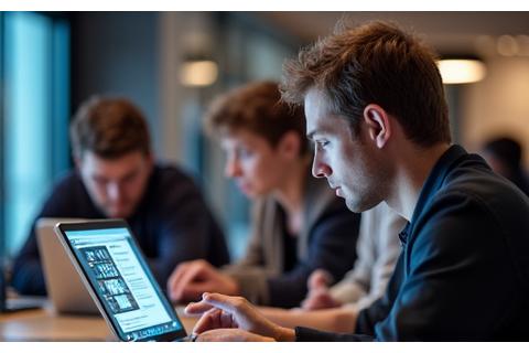 Grupo de personas aprendiendo en un aula moderna con ordenadores portátiles, Formación en Habilidades Digitales.