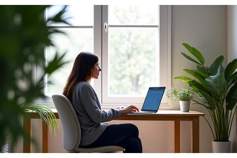 Persona trabajando cómodamente en una oficina en casa moderna con un portátil y plantas, integración de teletrabajo.